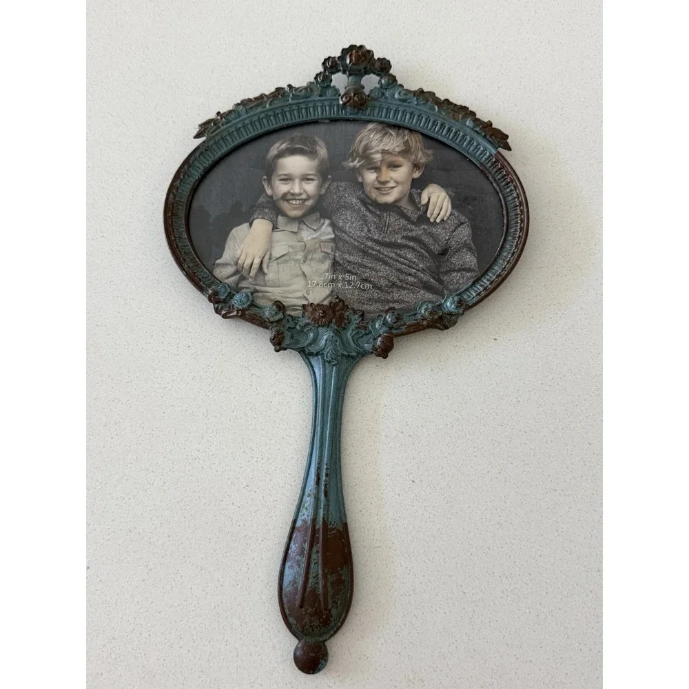 Vtg Teal Ornate Hand Mirror Photo Frame Cast Metal Shabby Cottage core Victorian